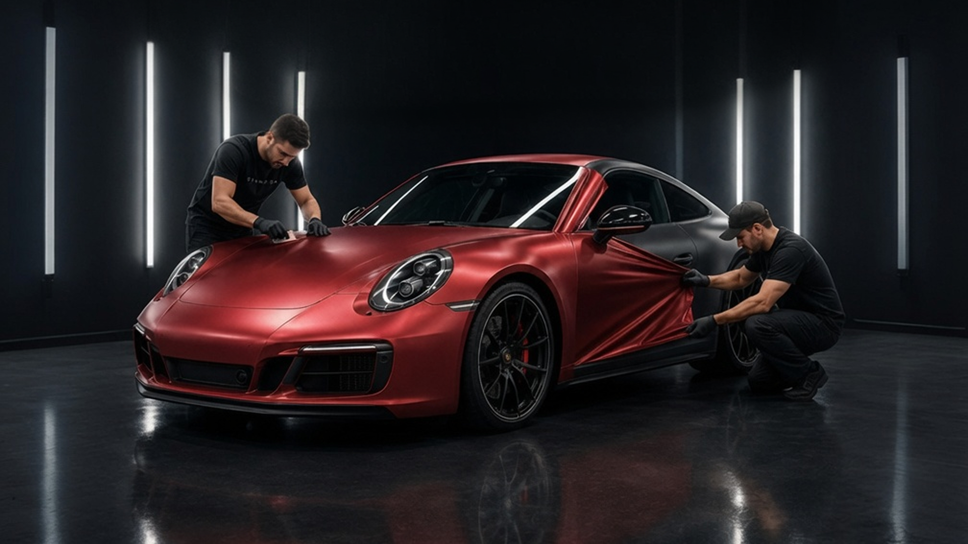 Técnicos aplicando wrap rojo satinado a un auto premium